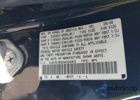 2009 Acura Rdx z USA, uszkodzony, nr VIN 5J8TB18569A004902